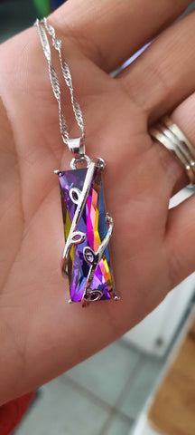 Rainbow Stone Tree Of Life Pendant Necklace Crystal Glass Leaves Square