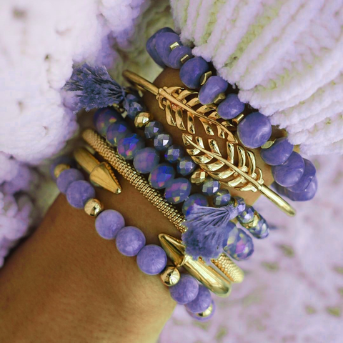 Lavender Colored Natural Gemstone Druzy Natural Agate Stick Stacking Boho Earthy Beaded Bracelet Set